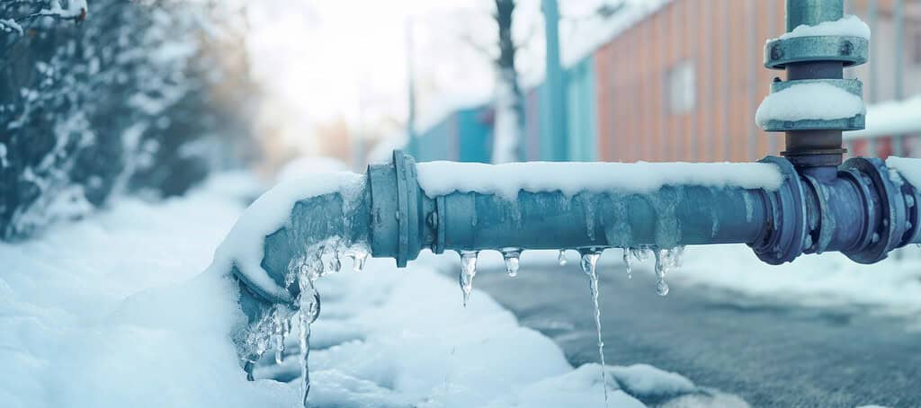 Frozen water pipe with icicles and snow, emergency flood services.