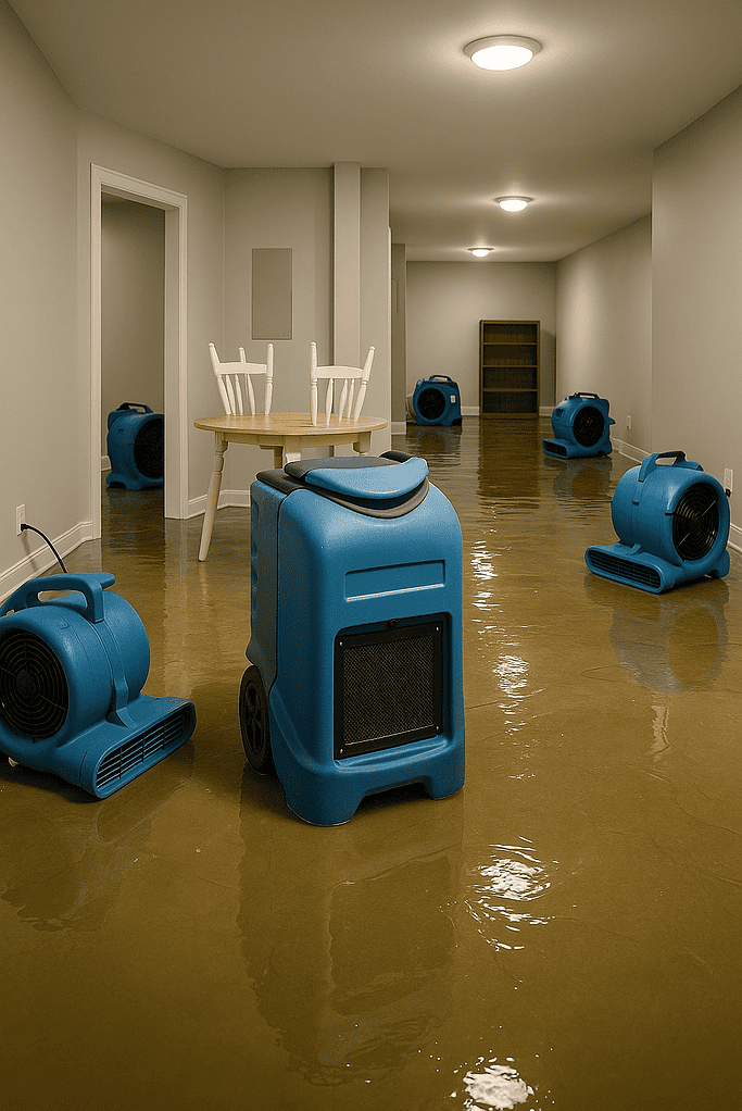 dehumidifier and air movers in basement flooding