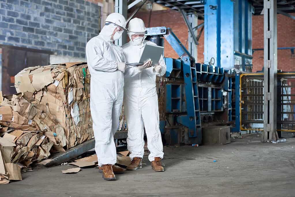 Workers in protective gear inspecting flood damage at a recycling facility.